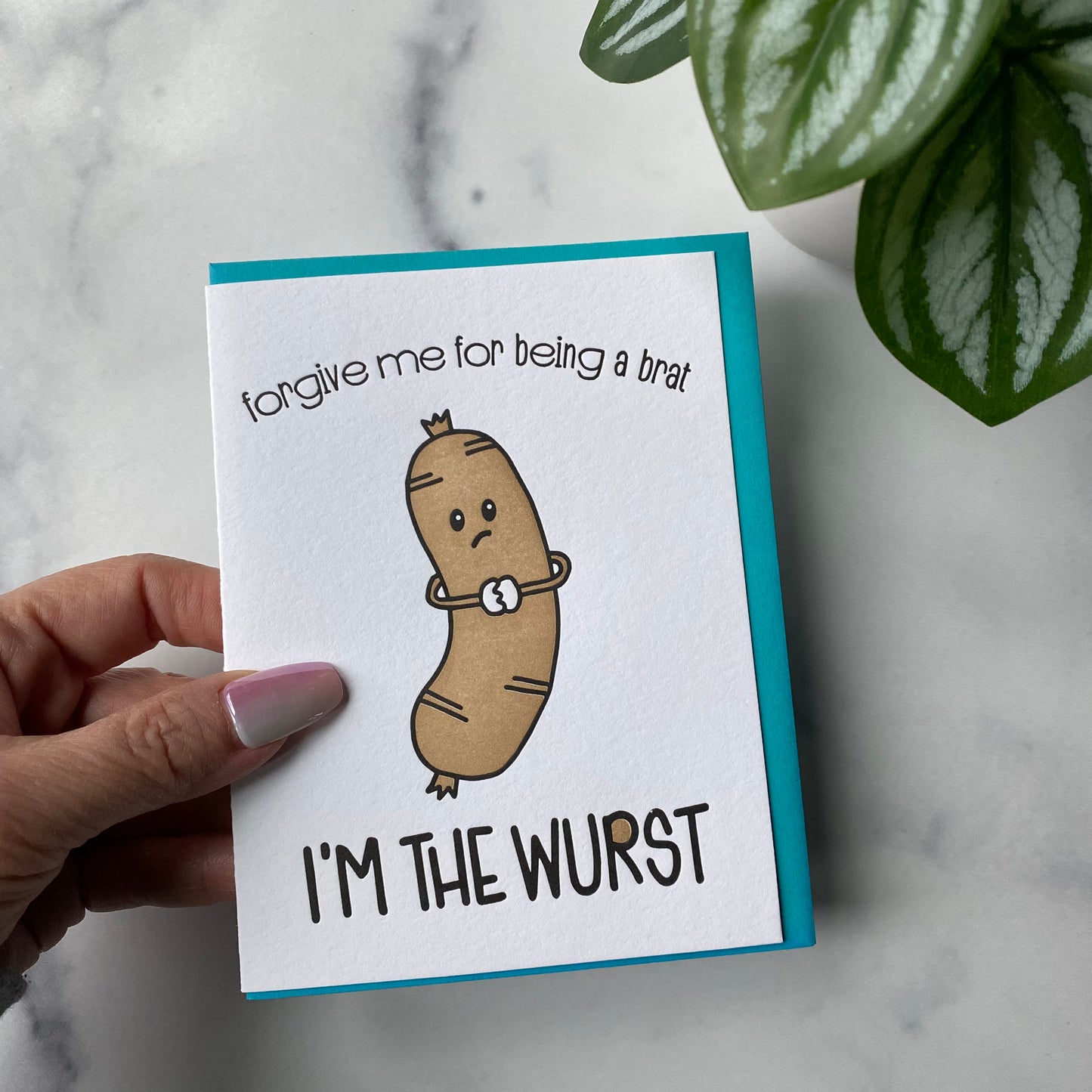 Funny Sorry Letterpress Card | I'm the Wurst | Bratwurst Pun | kiss and punch