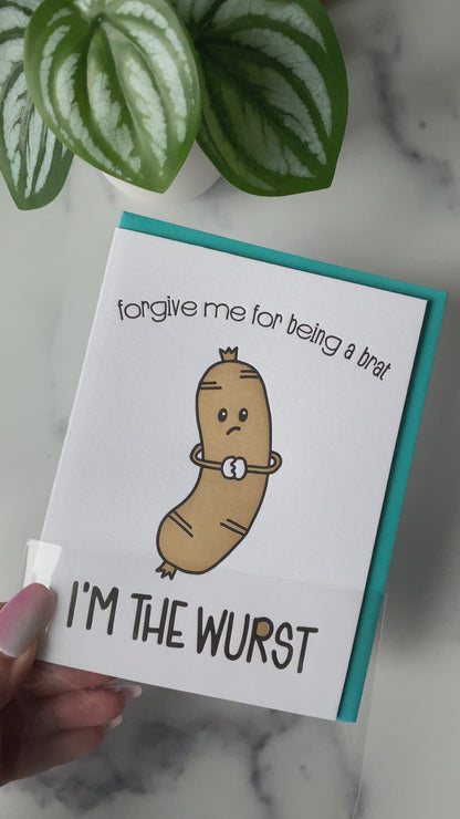 Funny Sorry Letterpress Card | I'm the Wurst | Bratwurst Pun | kiss and punch